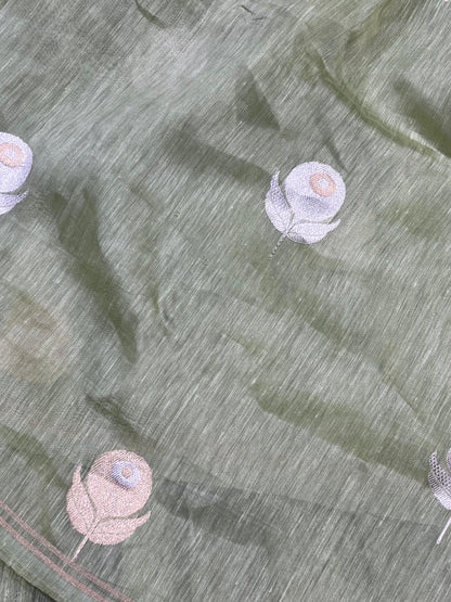 PASTEL GREEN LINEN PURE HANDLOOM BANARASI SAREE