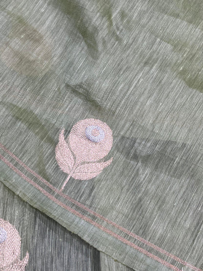 PASTEL GREEN LINEN PURE HANDLOOM BANARASI SAREE