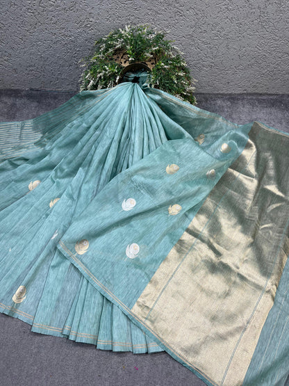 BLUE LINEN PURE HANDLOOM BANARASI SAREE