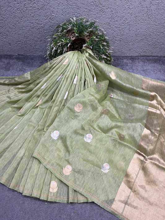 PASTEL GREEN LINEN PURE HANDLOOM BANARASI SAREE