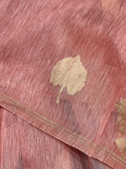 PEACH PINK LINEN PURE HANDLOOM BANARASI SAREE