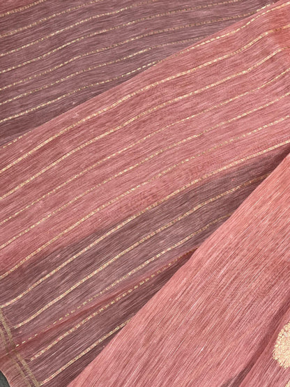 PEACH PINK LINEN PURE HANDLOOM BANARASI SAREE
