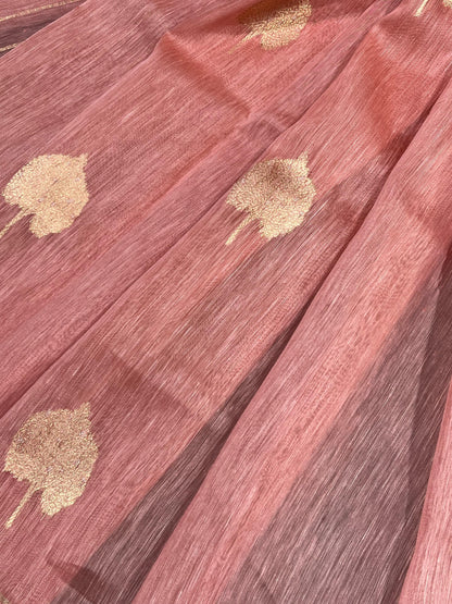 PEACH PINK LINEN PURE HANDLOOM BANARASI SAREE
