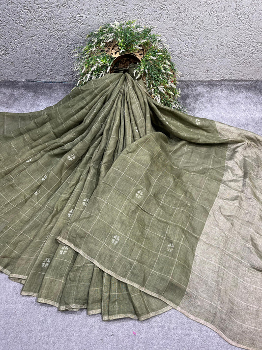 OLIVE GREEN PURE HANDLOOM LINEN SAREE