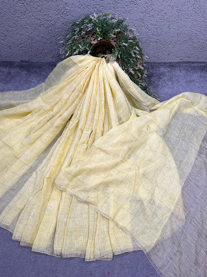 PASTEL YELLOW PURE HANDLOOM LINEN SAREE