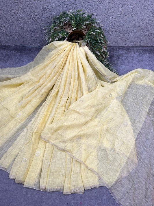 PASTEL YELLOW PURE HANDLOOM LINEN SAREE