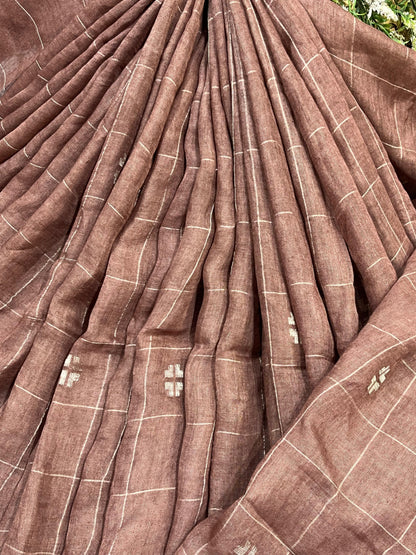 BROWN PURE HANDLOOM LINEN SAREE