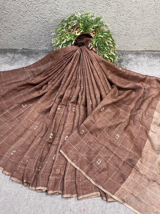 BROWN PURE HANDLOOM LINEN SAREE