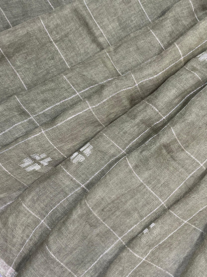 OLIVE GREEN PURE HANDLOOM LINEN SAREE