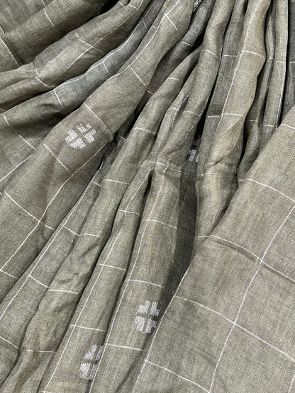 OLIVE GREEN PURE HANDLOOM LINEN SAREE