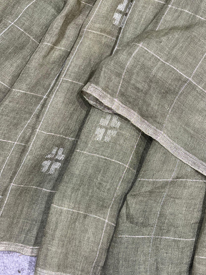 OLIVE GREEN PURE HANDLOOM LINEN SAREE