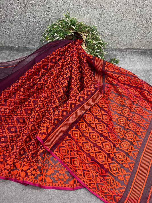 DARK MAROON PURE HANDLOOM BENGAL JAMDANI SAREE