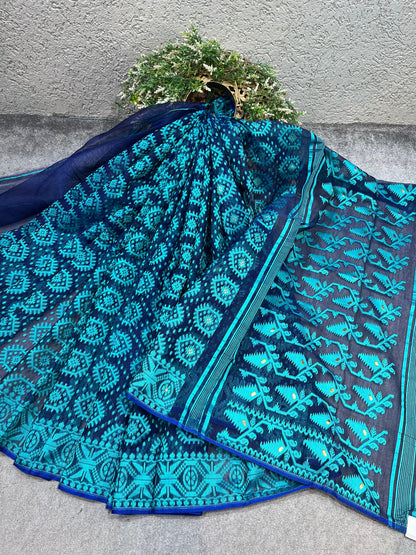BLUE PURE HANDLOOM BENGAL JAMDANI SAREE