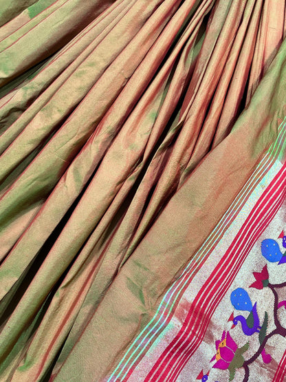TWO TONE GREEN SILK PURE HANDLOOM PAITHANI SAREE