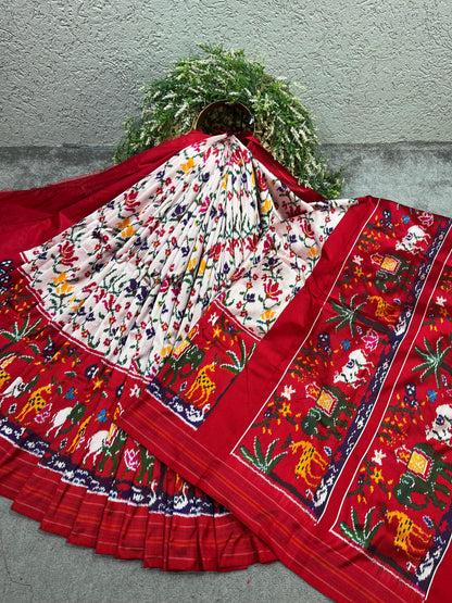 WHITE RED TWILL SILK PURE HANDLOOM IKKAT SAREE