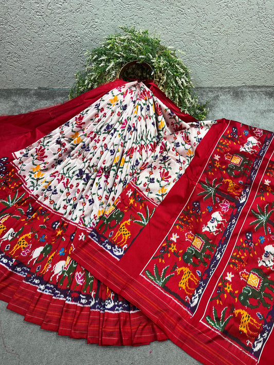 WHITE RED TWILL SILK PURE HANDLOOM IKKAT SAREE