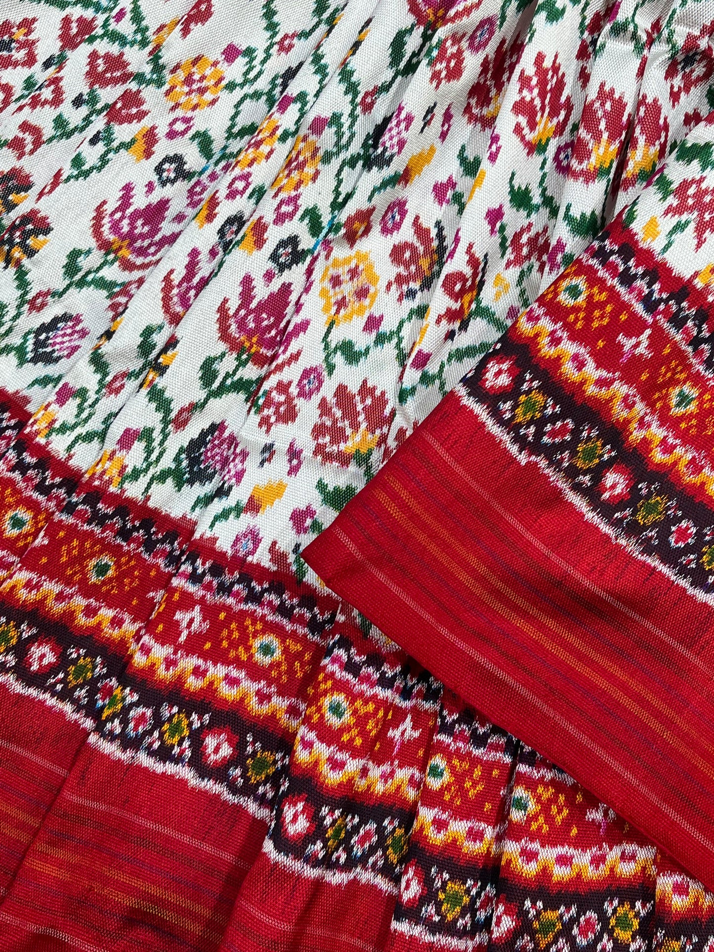 WHITE RED TWILL SILK PURE HANDLOOM IKKAT SAREE