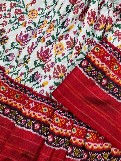 WHITE RED TWILL SILK PURE HANDLOOM IKKAT SAREE