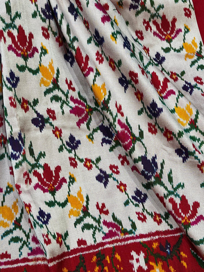 WHITE RED TWILL SILK PURE HANDLOOM IKKAT SAREE