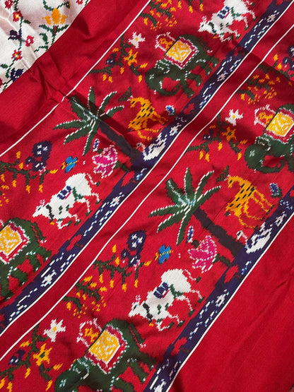 WHITE RED TWILL SILK PURE HANDLOOM IKKAT SAREE