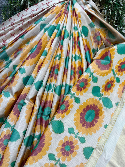 OFF WHITE SILK PURE HANDLOOM IKKAT SAREE