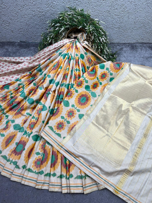 OFF WHITE SILK PURE HANDLOOM IKKAT SAREE