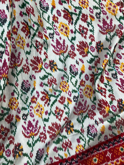WHITE RED TWILL SILK PURE HANDLOOM IKKAT SAREE