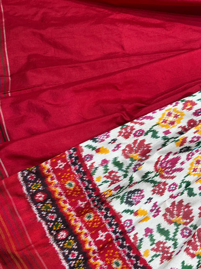 WHITE RED TWILL SILK PURE HANDLOOM IKKAT SAREE
