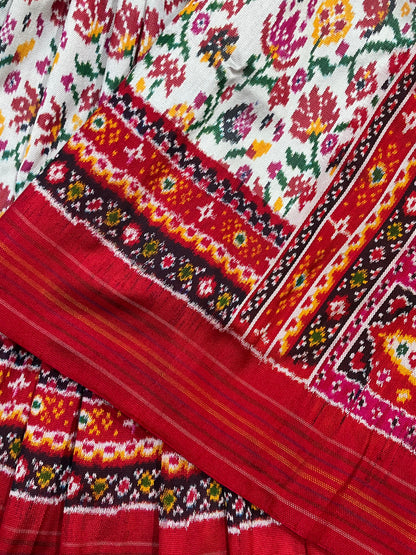 WHITE RED TWILL SILK PURE HANDLOOM IKKAT SAREE
