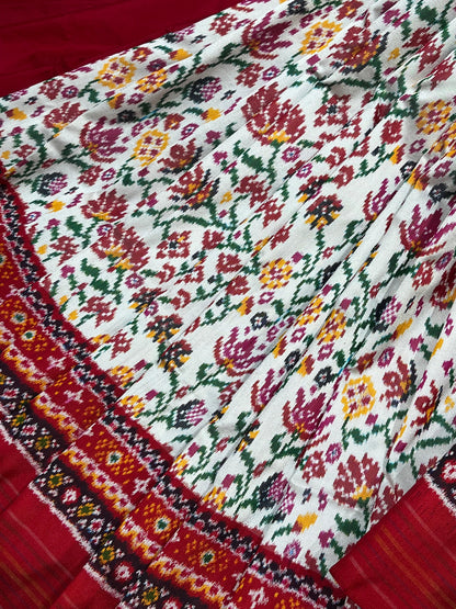 WHITE RED TWILL SILK PURE HANDLOOM IKKAT SAREE