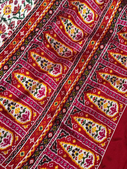 WHITE RED TWILL SILK PURE HANDLOOM IKKAT SAREE