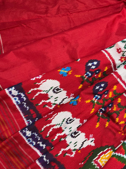 WHITE RED TWILL SILK PURE HANDLOOM IKKAT SAREE