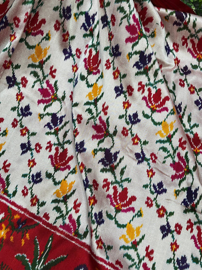 WHITE RED TWILL SILK PURE HANDLOOM IKKAT SAREE