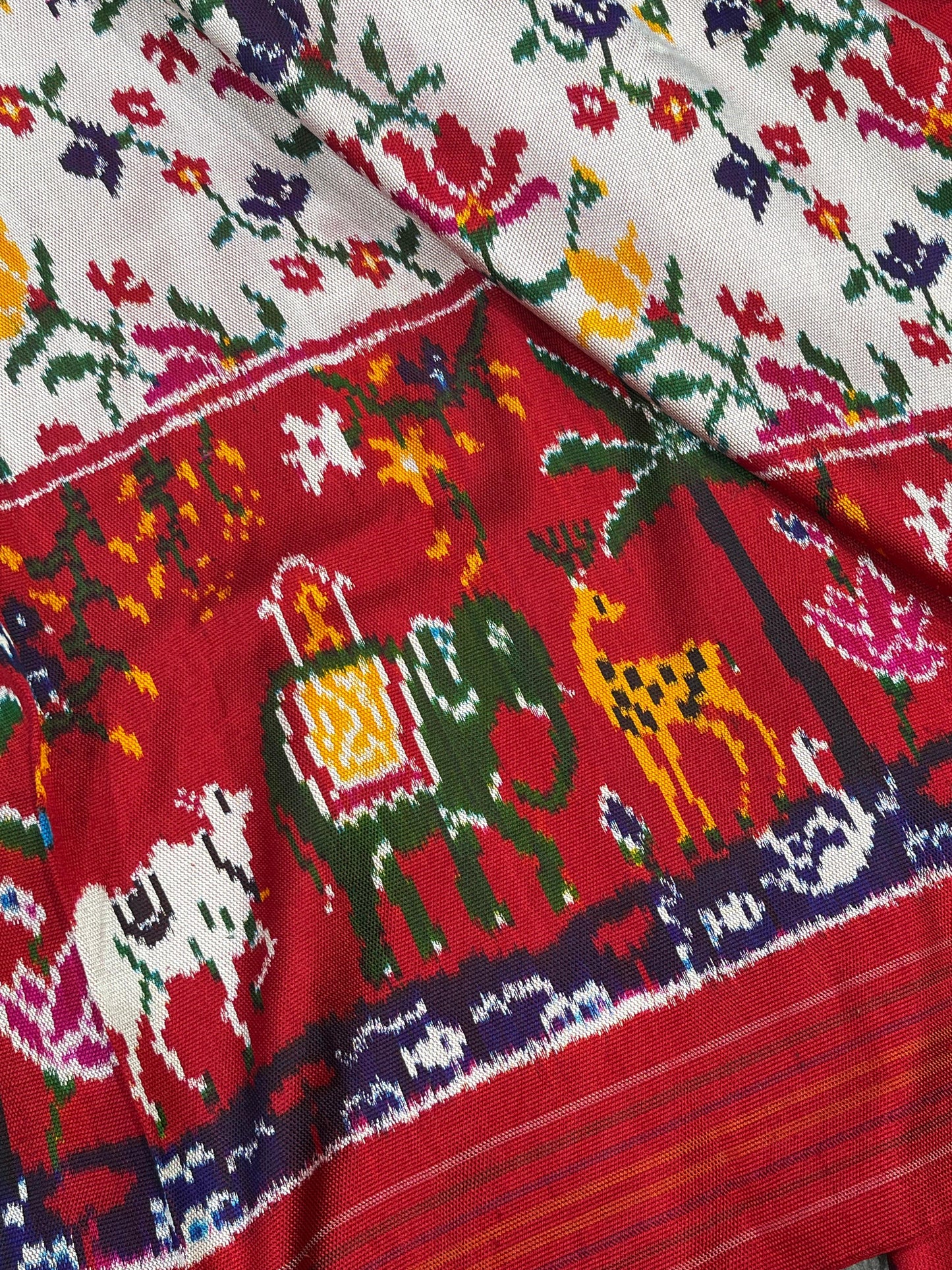 WHITE RED TWILL SILK PURE HANDLOOM IKKAT SAREE