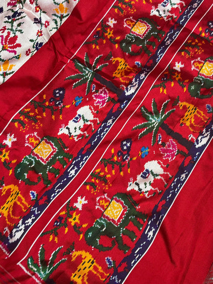 WHITE RED TWILL SILK PURE HANDLOOM IKKAT SAREE