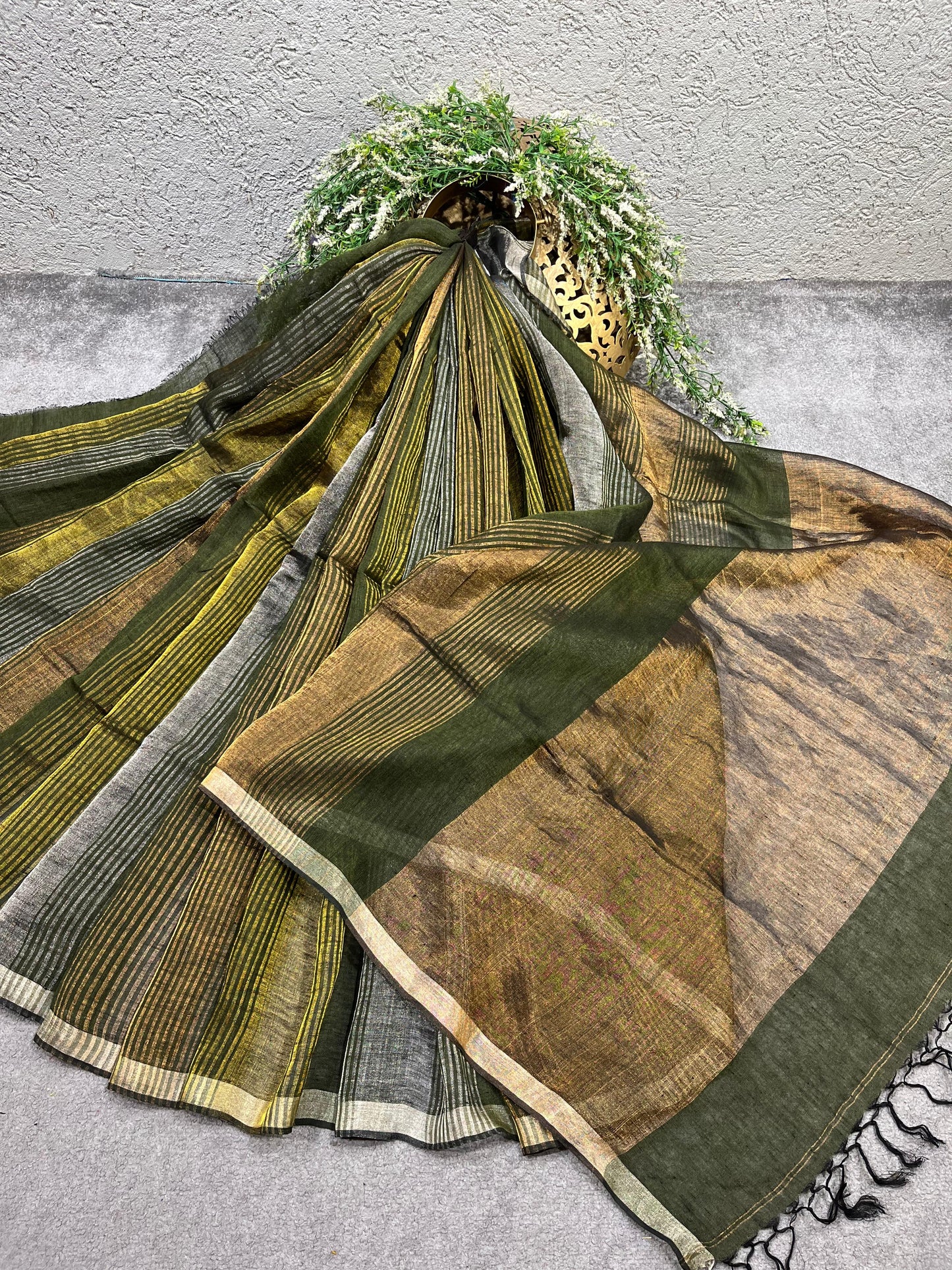 GREEN PURE HANDLOOM LINEN TISSUE STRIPES SAREE