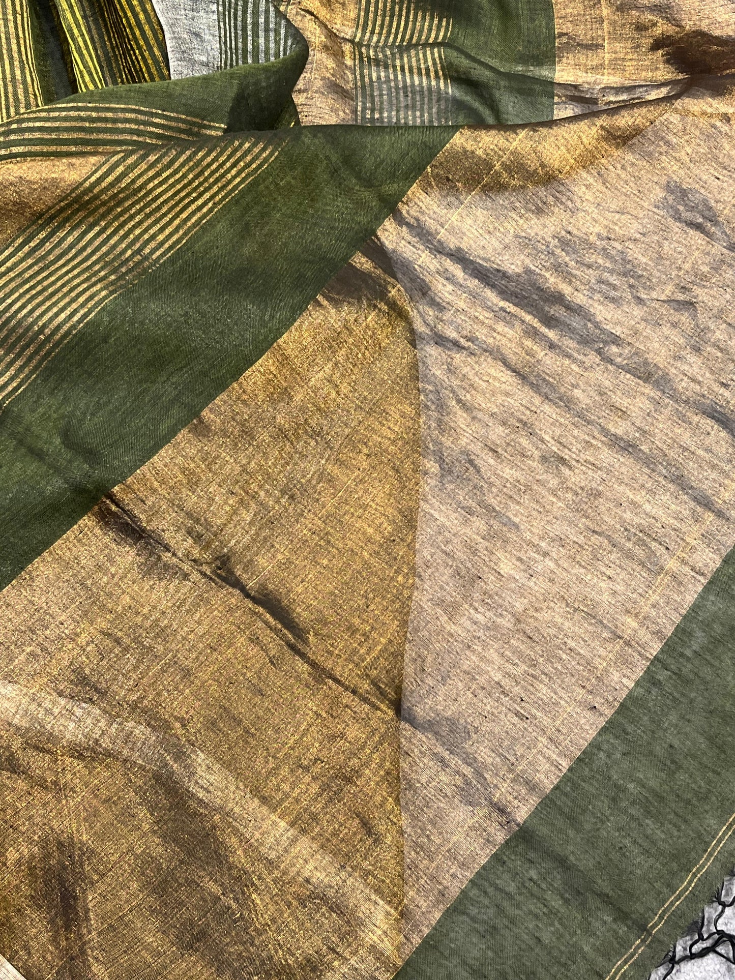 GREEN PURE HANDLOOM LINEN TISSUE STRIPES SAREE