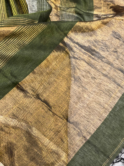GREEN PURE HANDLOOM LINEN TISSUE STRIPES SAREE