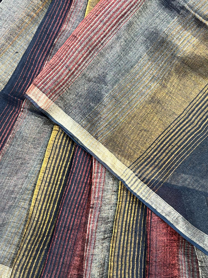 BLACK PURE HANDLOOM LINEN TISSUE STRIPES SAREE