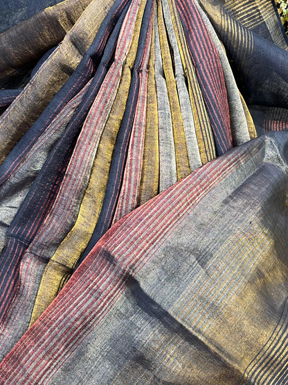 BLACK PURE HANDLOOM LINEN TISSUE STRIPES SAREE