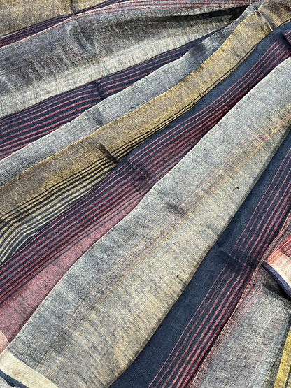 BLACK PURE HANDLOOM LINEN TISSUE STRIPES SAREE