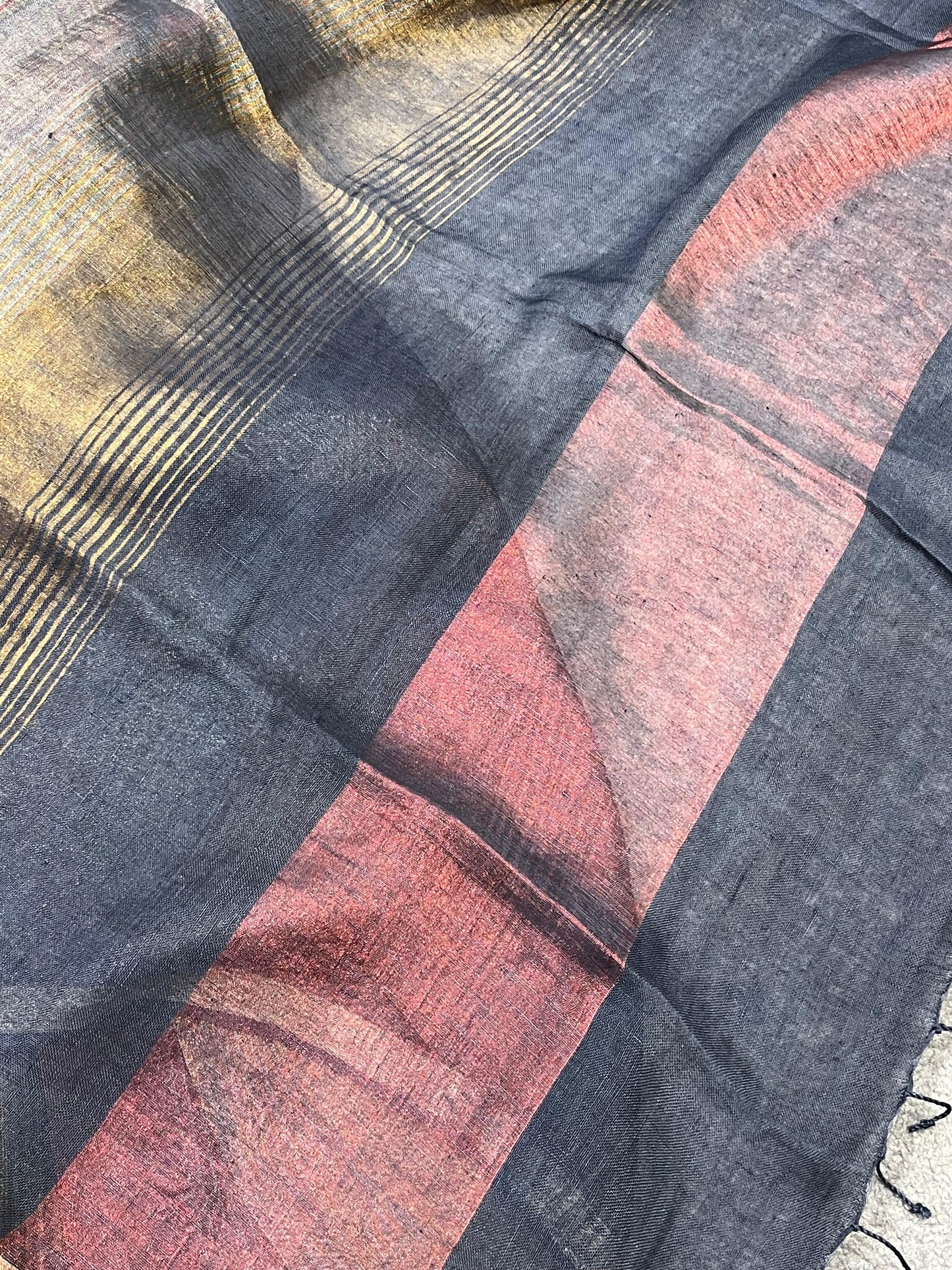 BLACK PURE HANDLOOM LINEN TISSUE STRIPES SAREE