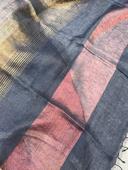 BLACK PURE HANDLOOM LINEN TISSUE STRIPES SAREE