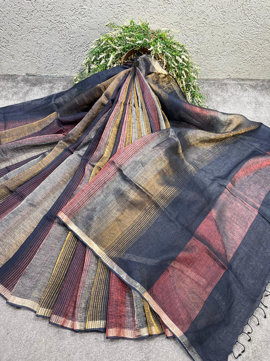 BLACK PURE HANDLOOM LINEN TISSUE STRIPES SAREE