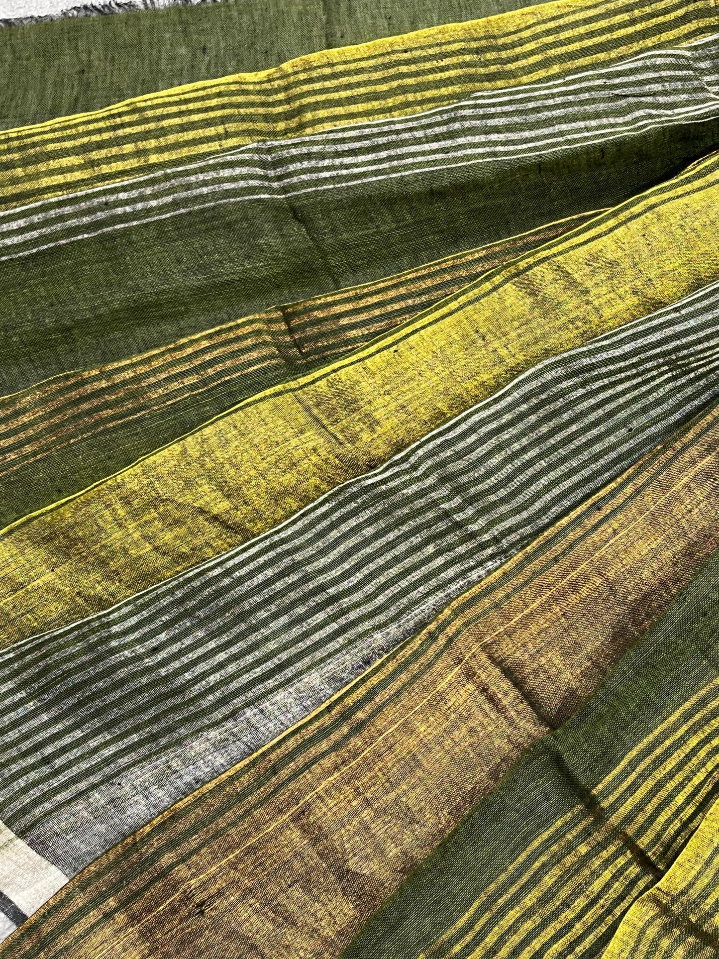 GREEN PURE HANDLOOM LINEN TISSUE STRIPES SAREE