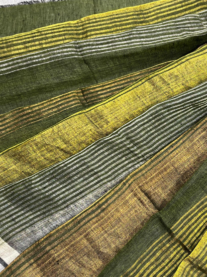 GREEN PURE HANDLOOM LINEN TISSUE STRIPES SAREE