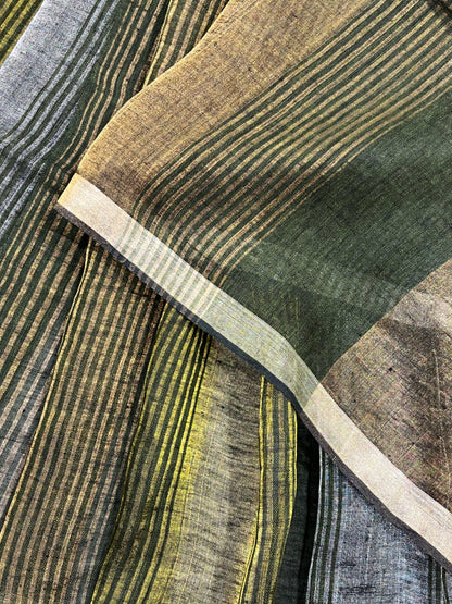 GREEN PURE HANDLOOM LINEN TISSUE STRIPES SAREE