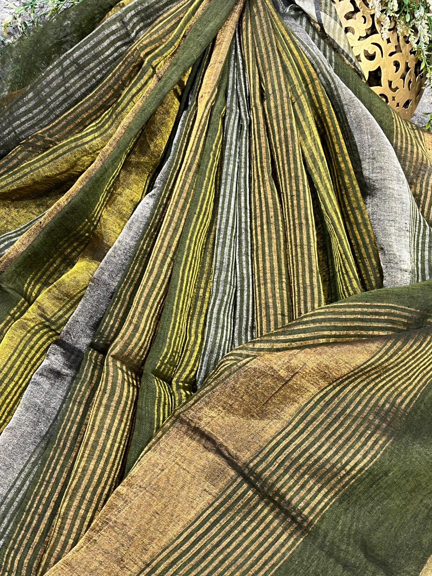 GREEN PURE HANDLOOM LINEN TISSUE STRIPES SAREE