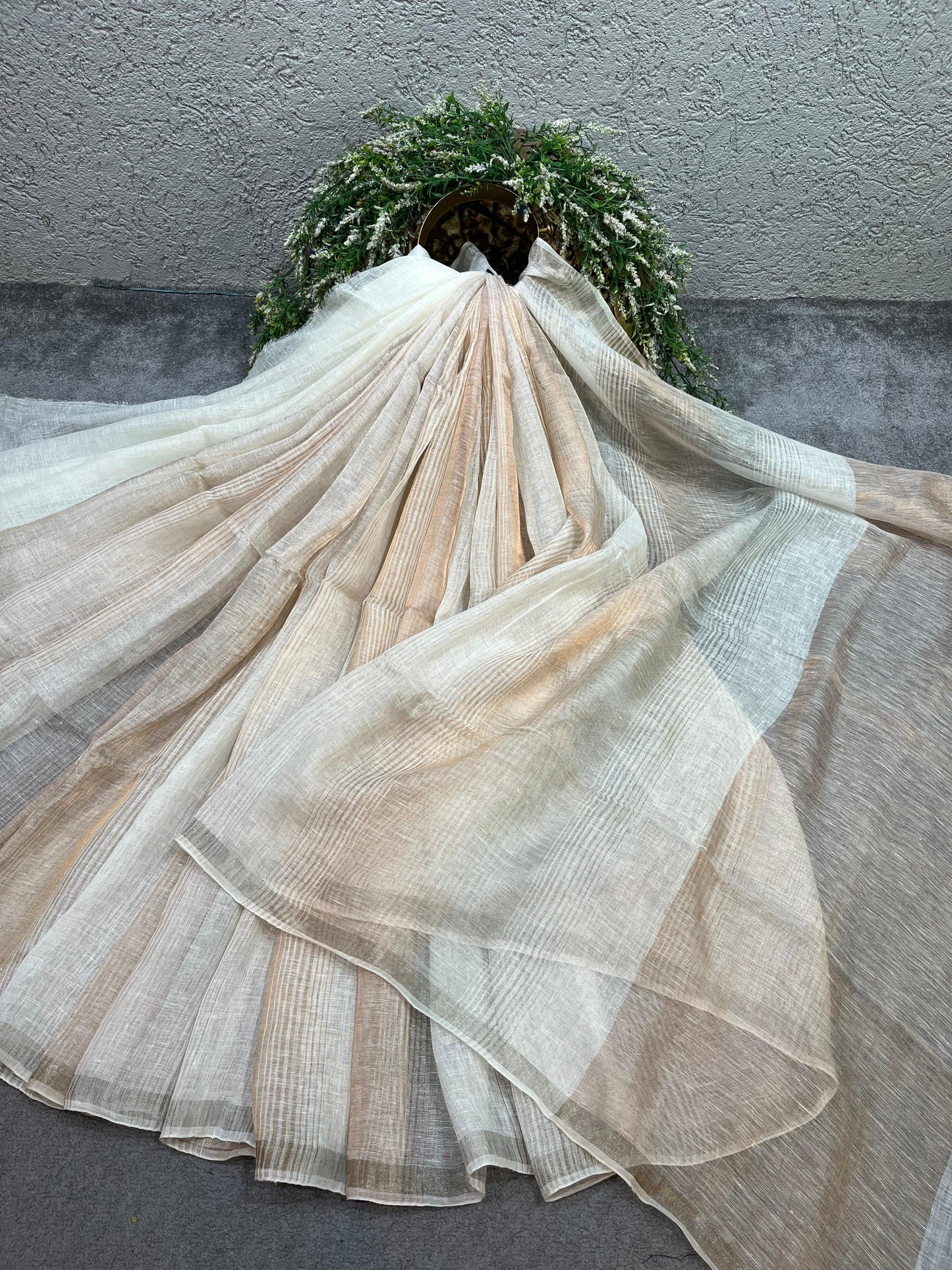 IVORY PURE HANDLOOM LINEN TISSUE STRIPES SAREE
