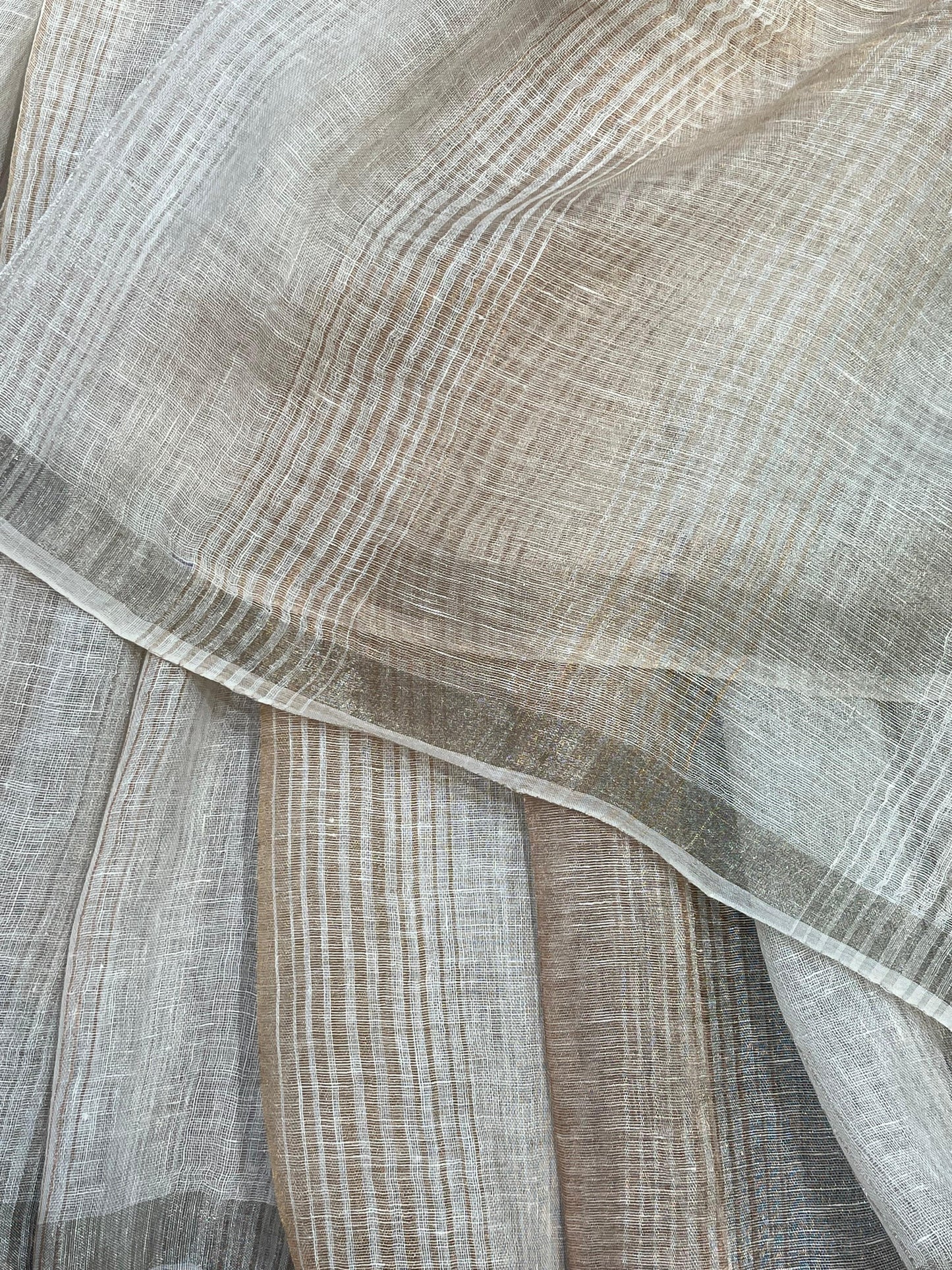 IVORY PURE HANDLOOM LINEN TISSUE STRIPES SAREE